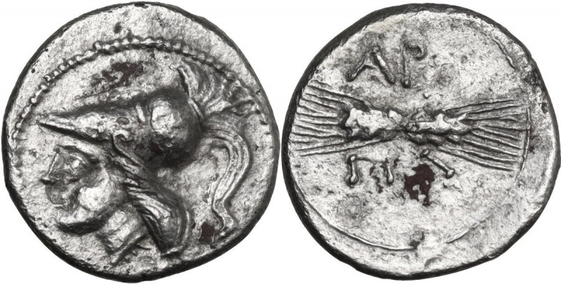 Greek Italy. Northern Apulia, Arpi. AR Diobol, c. 215-212 BC. Obv. Helmeted head...