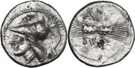 Greek Italy. Northern Apulia, Arpi. AR Diobol, c. 215-212 BC. Obv. Helmeted head of Athena left. Rev. Winged thunderbolt. HN Italy 647; HGC 1 531. AR....