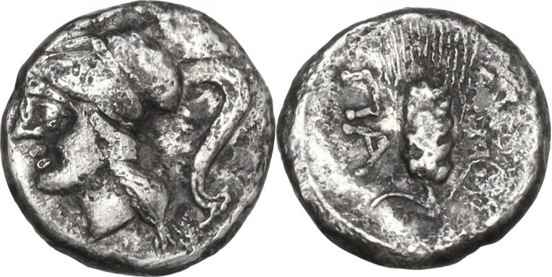 Greek Italy. Northern Apulia, Arpi. AR Obol, 215-212 BC. Obv. Head of Athena lef...