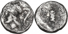 Greek Italy. Northern Apulia, Arpi. AR Obol, 215-212 BC. Obv. Head of Athena left, helmeted. Rev. Barley-ear. HN Italy 648. AR. 0.80 g. 10.00 mm. R. V...