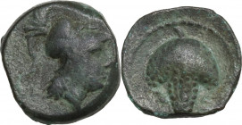 Greek Italy. Northern Apulia, Arpi. AE. 215-212 BC. Obv. Head of Athena right with helmet. Rev. Bunch of grapes. HN Italy 650. AE. 2.90 g. 14.50 mm. L...