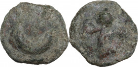 Greek Italy. Northern Apulia, Luceria. Cast AE reduced Semuncia, 217-212 BC. Obv. Crescent. Rev. Thyrsos with fillets. HN Italy 677f; Vecchi ICC 350. ...