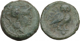 Greek Italy. Northern Apulia, Teate. AE Uncia, c. 225-220 BC. Obv. Helmeted head of Athena right. Rev. Owl standing right, head facing; in exergue, pe...
