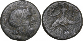 Greek Italy. Southern Apulia, Brundisium. AE Uncia, c. 215 BC. Obv. Head of Poseidon right; trident and Nike behind, pellet below. Rev. Youth seated o...