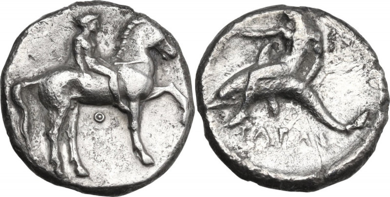Greek Italy. Southern Apulia, Tarentum. AR Nomos, 365-355 BC. Obv. Youth on hors...