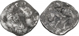 Greek Italy. Southern Apulia, Tarentum. AR Diobol, 380-325 BC. Obv. Head of Athena right, helmeted. Rev. Herakles standing right, strangling Nemean Li...