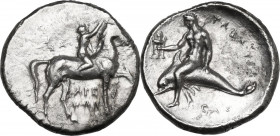 Greek Italy. Southern Apulia, Tarentum. AR Nomos, 302-280 BC. Arethon, Sa-, and Cas-, magistrates. Obv. Horseman right, crowning his horse. Rev. Taras...