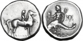 Greek Italy. Southern Apulia, Tarentum. AR Nomos, c. 272-240 BC. Phi- and Philemenos, magistrates. Obv. Nude youth on horse right. Rev. Taras astride ...