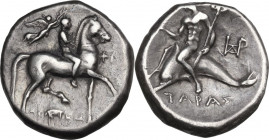 Greek Italy. Southern Apulia, Tarentum. AR Nomos, c. 272-240 BC. Obv. Youth on horse to right, being crowned by Nike flying right behind. Rev. Taras h...