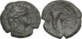 Greek Italy. Northern Lucania, Paestum. AE Triens, 2nd Punic War, 218-201 BC. Obv. Female head right, wearing ivy wreath. Rev. Cornucopiae; at left, s...