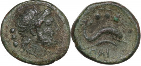 Greek Italy. Northern Lucania, Paestum. AE Quadrans, c. 218-201 BC. Second Punic War,. Obv. Diademed male head right; behind, three pellets. Rev. Dolp...