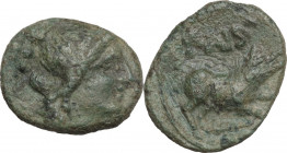 Greek Italy. Northern Lucania, Paestum. AE Sextans, Second Punic War, 218-201 BC. Obv. Wreathed head of Ceres right; to left, two pellets. Rev. PAIS. ...