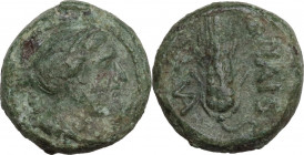 Greek Italy. Northern Lucania, Paestum. AE Uncia, 218-201 BC. Obv. Head of Artemis right, holding over shoulder bow and quiver. Rev. Corn-ear. HN Ital...