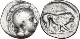 Greek Italy. Northern Lucania, Velia. AR Didrachm, c. 390-250 BC. Obv. Head of Athena right, wearing crested Attic helmet decorated with griffin; Θ be...