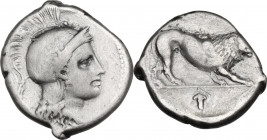 Greek Italy. Northern Lucania, Velia. AR Didrachm, period VII, c. 300-280 BC. Obv. Head of Athena right, wearing Attic helmet. Rev. Lion walking right...