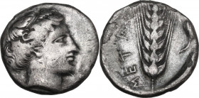 Greek Italy. Southern Lucania, Metapontum. AR Nomos, c. 400-340 BC. Obv. Head of Demeter right. Rev. Ear of barley; to right, pear. HN Italy 1542. AR....