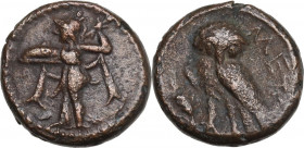 Greek Italy. Southern Lucania, Metapontum. AE 13mm, 300-250 BC. Obv. Athena Alkidemos standing left, holding spear and shield. Rev. Owl standing left;...