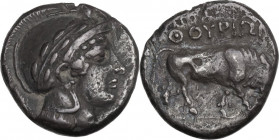 Greek Italy. Southern Lucania, Thurium. AR Nomos. c. 443-400 BC. Obv. Head of Athena right, wearing decorated helmet . Rev. Bull standing, right. HN I...