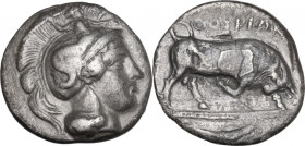 Greek Italy. Southern Lucania, Thurium. AR Nomos, c. 350-300 BC. Obv. Head of Athena right, wearing helmet decorated with Skylla. Rev. Bull butting ri...