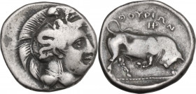 Greek Italy. Southern Lucania, Thurium. AR Nomos c. 400-350 BC. Obv. Head of Athena right, wearing helmet decorated with Skylla. Rev. Bull, right. HN ...