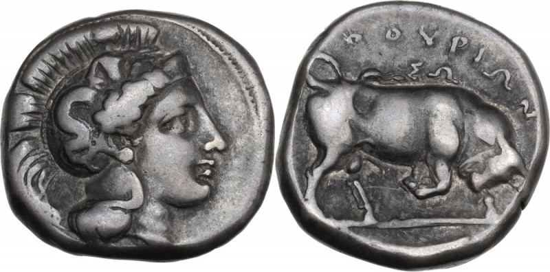 Greek Italy. Southern Lucania, Thurium. AR Nomos c. 350-300 BC. Obv. Head of Ath...