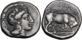 Greek Italy. Southern Lucania, Thurium. AR Nomos c. 350-300 BC. Obv. Head of Athena right, wearing helmet decorated with Skylla. Rev. Bull, right. HN ...