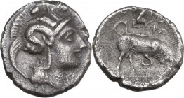 Greek Italy. Southern Lucania, Thurium. AR Triobol, c. 350-300 BC. Obv. Head of Athena right, wearing helmet decorated with Skylla. Rev. Bull, right. ...