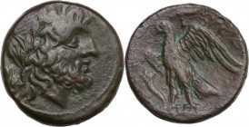 Greek Italy. Bruttium, The Brettii. AE unit, 214-211 BC. Obv. Head of Zeus right, laureate; behind, corn-ear. Rev. Eagle standing left on thunderbolt,...