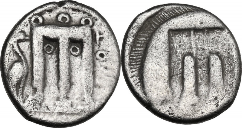 Greek Italy. Bruttium, Kroton. AR Stater, 480-430 BC. Obv. Tripod; to left, mash...