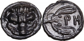 Greek Italy. Bruttium, Rhegion. AE 10 mm, c. 425-410 BC. Obv. Lion-mask. Rev. RH between two leaves of olive-sprig. HN Italy 2522. AE. 0.70 g. 10.00 m...