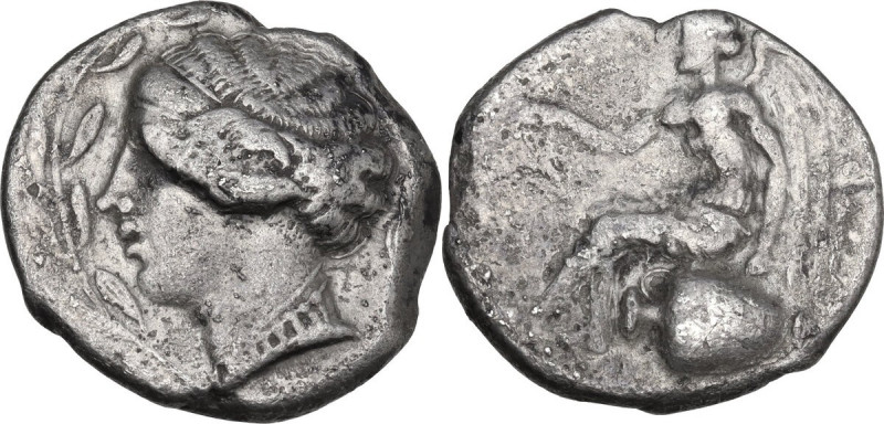 Greek Italy. Bruttium, Terina. AR Nomos, c. 440-425 BC. Obv. Female head left, w...