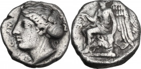 Greek Italy. Bruttium, Terina. AR Nomos, c. 420-400 BC. Obv. Head of the nymph Terina (?) left; Π behind. Rev. Nike seated left on plinth, holding wre...