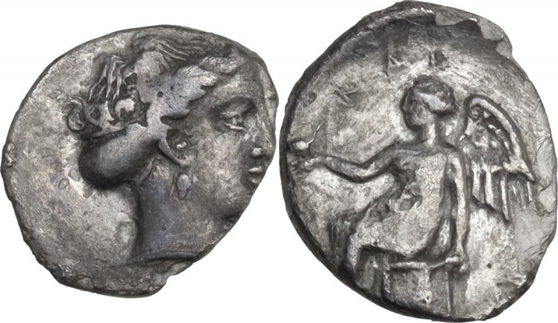 Greek Italy. Bruttium, Terina. AR Triobol, c. 400-356 BC. Obv. Head of nymph rig...
