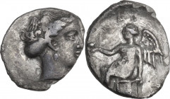 Greek Italy. Bruttium, Terina. AR Triobol, c. 400-356 BC. Obv. Head of nymph right. Rev. Nike seated left, holding bird. HN Italy 2632. AR. 0.90 g. 12...