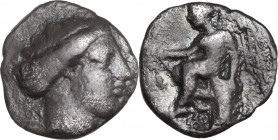 Greek Italy. Bruttium, Terina. AR Triobol 12 mm. c. 400-356 BC. Obv. Nymphe head, right. Rev. Nike seated, left. HN Italy 2632; HGC 1 1771. AR. 1.10 g...