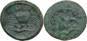 Sicily. Akragas. AE Tetras, c. 425-410 BC. Obv. Eagle standing right on hare, head lowered, wings spread. Rev. Crab; below, crayfish. HGC 2 140; CNS I...