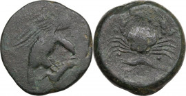 Sicily. Akragas. AE Hemilitron, end of 5th century-406 BC. Obv. Eagle standing on hare right. Rev. Crab; below, crayfish. CNS I 15; HGC 2 136. AE. 21....