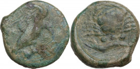 Sicily. Akragas. AE Tetras or Trionkion. c. 425-410 BC. Obv. Eagle standing right on hare, head lowered, wings spread. Rev. Crab; above, mussel shell;...