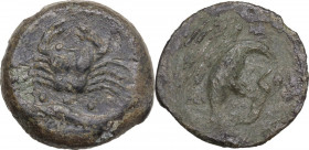Sicily. Akragas. AE Tetras, 425-410 BC. Obv. Sea eagle on hare right. Rev. Crab; below, crayfish. HGC 2 140; CNS I 50. AE. 7.20 g. 21.00 mm. VF/About ...