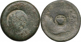 Sicily. Akragas. Countermark on earlier AE Hemilitron , c. 405-367 BC. Obv. Oval incuse countermark containing crab; traces of undertype. Rev. Traces ...