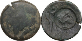 Sicily. Akragas. AE Hemilitron, c. 405-392 BC. Obv. Blank. Rev. Crab; countermark: head of Herakles to right, wearing lion skin headdress, all within ...