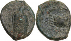 Sicily. Akragas. AE Onkia, c. 388-287 BC. Obv. Sea eagle standing left, head right. Rev. Crab. CNS I 113; HGC 2 152. AE. 1.70 g. 13.00 mm. R. Rare. Ab...