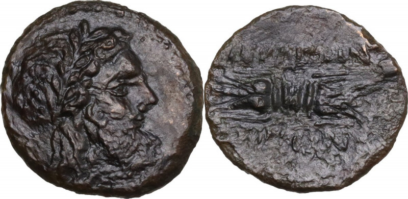 Sicily. Akragas. AE 14 mm, c. 300-287 BC. Obv. Head of Zeus right. Rev. Thunderb...