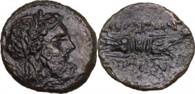 Sicily. Akragas. AE 14 mm, c. 300-287 BC. Obv. Head of Zeus right. Rev. Thunderbolt. HGC 2 167. AE. 1.40 g. 14.00 mm. R. Smoothed. Dark brown patina. ...
