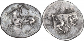 Sicily. Gela. AR Litra, c. 430-425 BC. Obv. Warrior horseback, left. Rev. Forepart man-headed bull, right. HGC 2 374. AR. 0.40 g. 13.00 mm. Good F.
