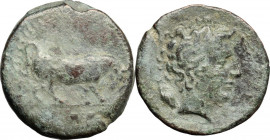Sicily. Gela. AE Tetras, c. 420-405 BC. Obv. Bull standing right; in exergue, three pellets. Rev. Head of river god Gelas right, with horns; behind, g...