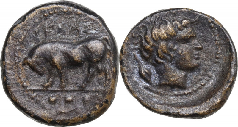 Sicily. Gela. AE Tetras. c. 420-407 BC. Obv. Bull left. Rev. Head of river god r...