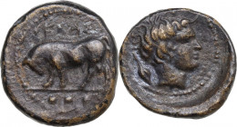 Sicily. Gela. AE Tetras. c. 420-407 BC. Obv. Bull left. Rev. Head of river god right. SNG ANS 117. AE. 4.20 g. 18.00 mm. Good VF.