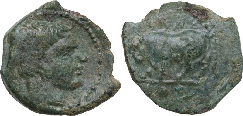 Sicily. Gela. AE Tetras, c. 420-405 BC. Obv. Bull advancing left. Rev. Head of G...