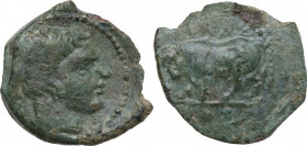 Sicily. Gela. AE Tetras, c. 420-405 BC. Obv. Bull advancing left. Rev. Head of Gelas right. HGC 2 379. AE. 4.00 g. 19.00 mm. Light green patina. VF/Go...